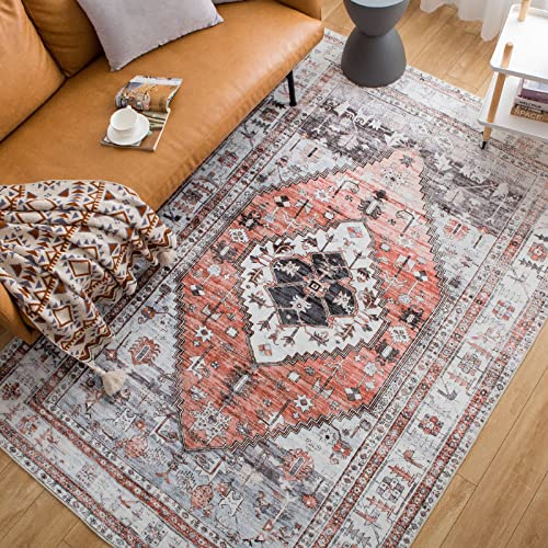 Boho Area Rug Runner Rug 2.6X5.2 Feet Bohemia Rug Non Slip Washable Vintage Rugs Indoor Low Pile Kitchen Hallway Entryway Rugs Indoor Accent Carpet (Orange Red/Grey) #TOP1