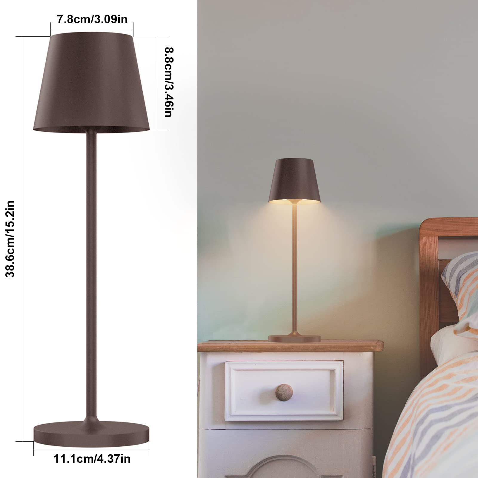 Klighten Lot de 2 LED Lampe de Table Dimmable, Rechargeable Lampes de Bureau avec Station de Chargement USB, Lumière Chaude 3000K, Couleur Rouille, IP54, Aluminium, pour Intérieur/Extérieu