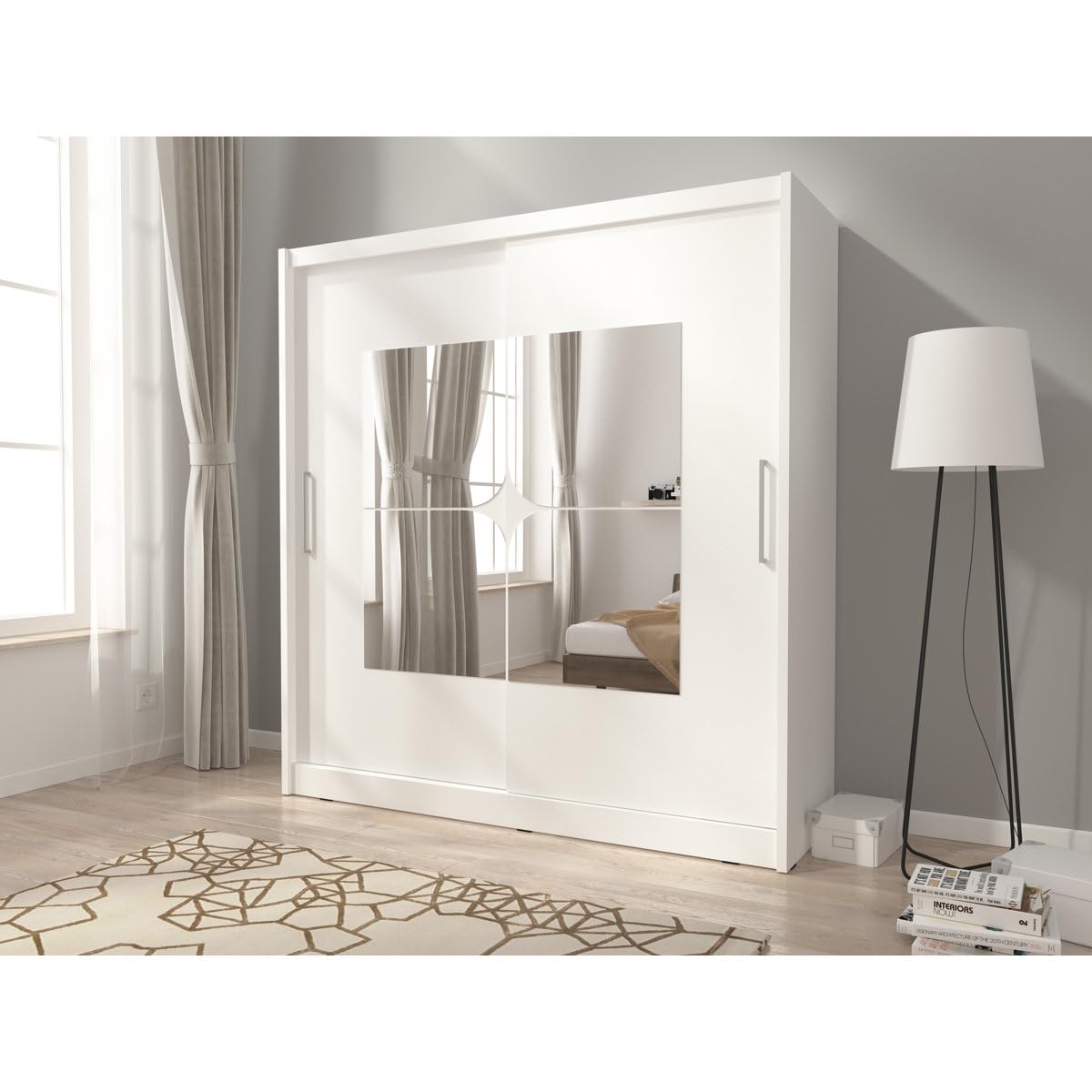 Ozone Furnish Engineering Wood Sliding Wardrobe with Mirror Classic Look and Modern Design, White-image-7