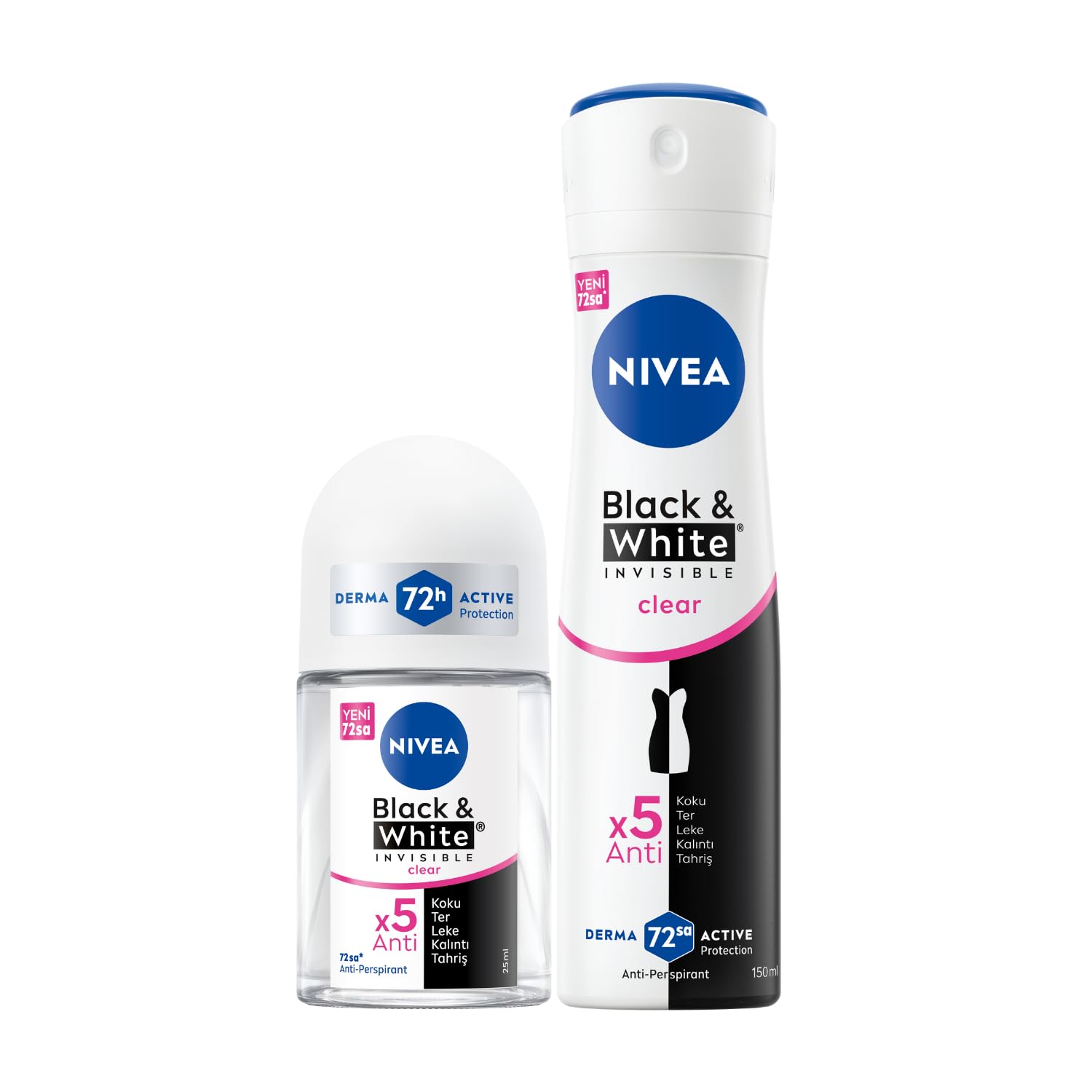 NIVEA Kadın Sprey Deodorant Black&White Clear 150ml Ve Mini Roll-on 25ml, 72 Saat Anti-Perspirant Koruma