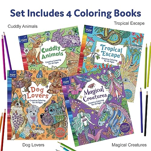 Deluxe Coloring Books Set for all ages, Set of 4 - Relaxing Adult Coloring Books for Stress Relief, Coloring Book for Adults featuring Magical Creatures, Tropical Escape, Cuddly Animals & Cute Dogs