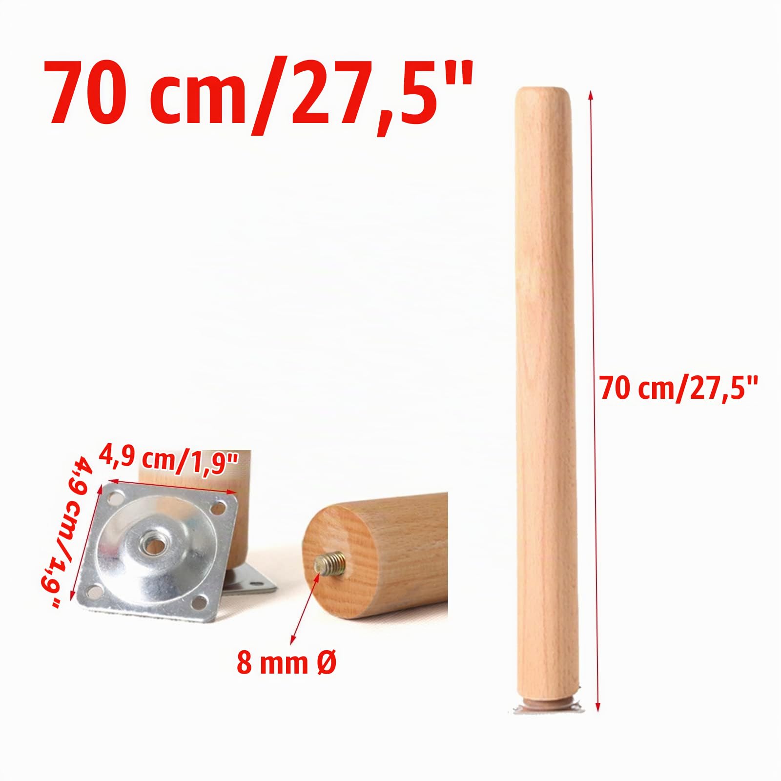 4 Piezas Patas para Muebles Madera Patas de Madera CóNicas Rectas Patas con Repuesto Mesa Patas con Rosca M8(Size:70cm/27.5in)