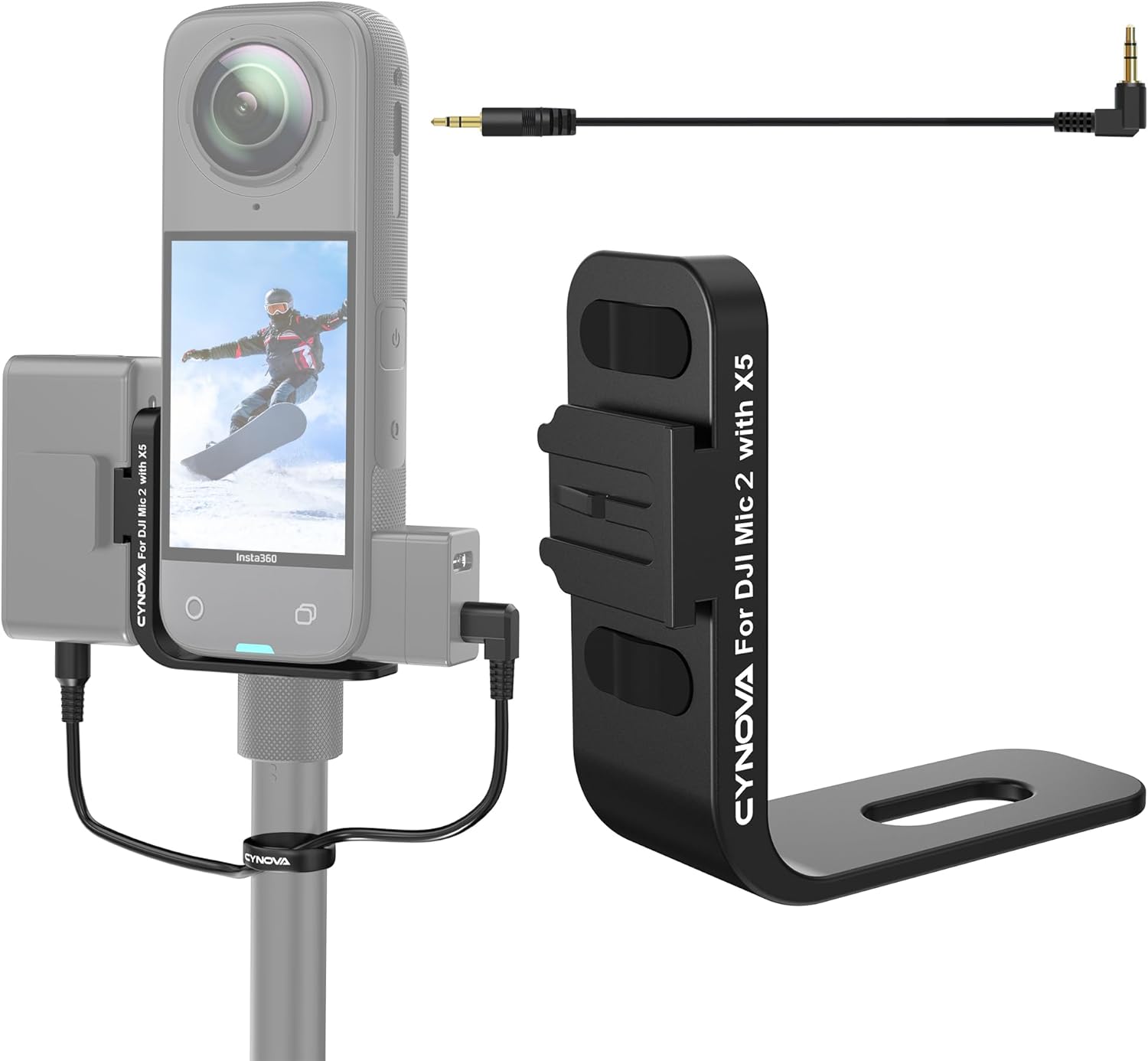 CYNOVA Insta 360 X5 Cold Shoe Mount, Invisible Mic Bracket for Insta360 X5 Accessories, Designed Specifically for DJI Mic 2(with 3.5mm Audio Cable and Fixed Velcro)
