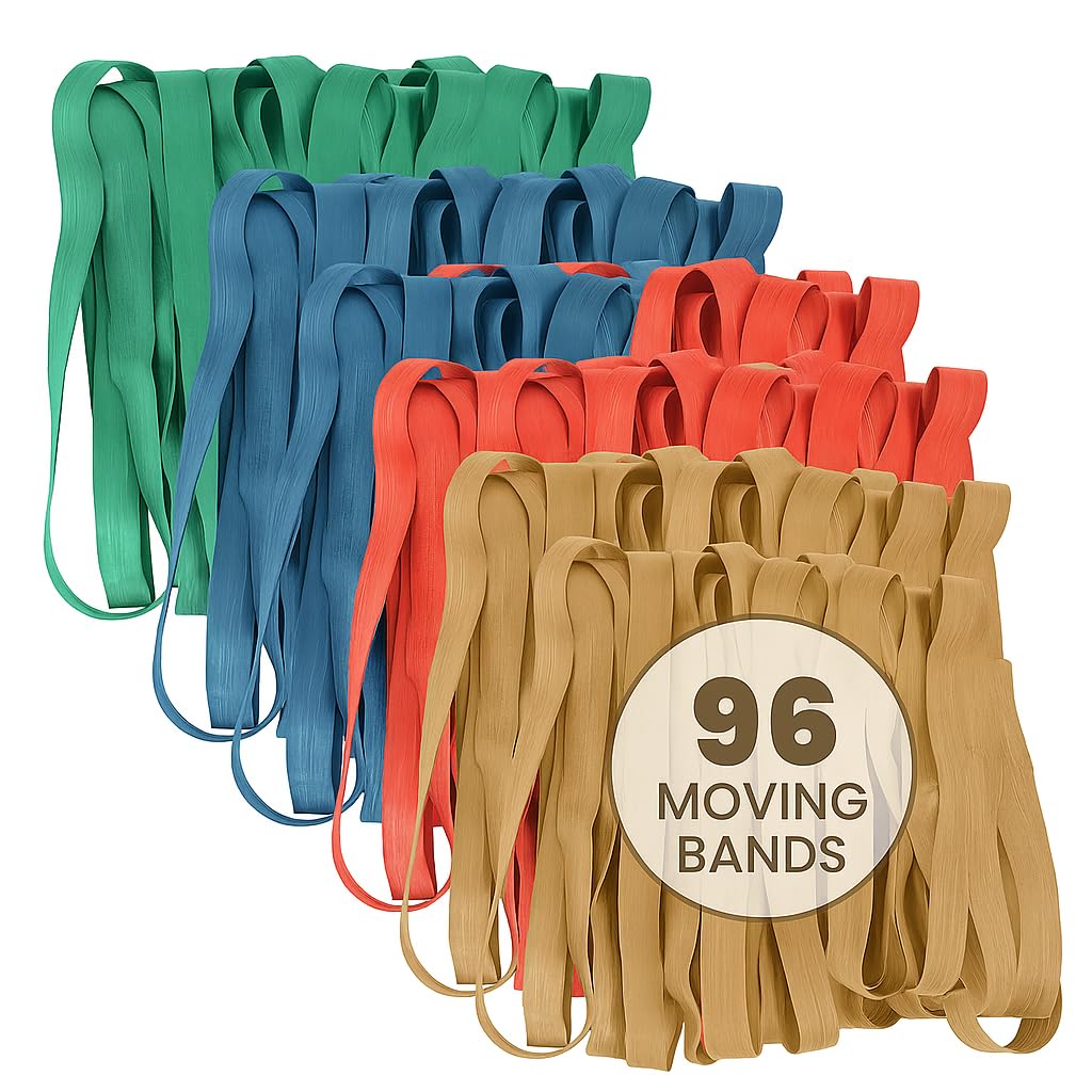 Kitchentoolz 96 Pack Moving Bands & Moving Blankets – Heavy-Duty Rubber Mover Bands in 4 Sizes – 24 Each of 25", 30", 36", 42" – Secures Furniture, Drawers, Supplies
