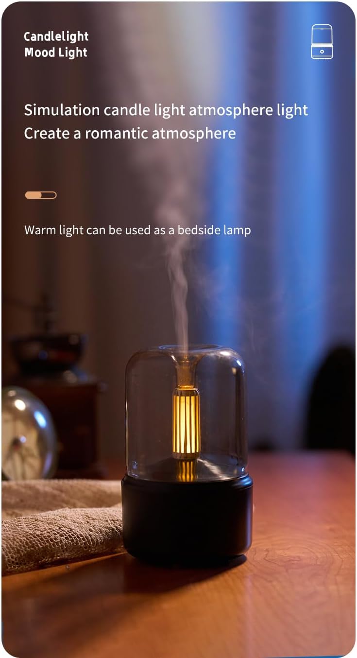 Candlelight Flame Air Diffuser,Portable Essential Oil Diffuser Noiseless 120ML Aroma Diffuser Waterless Auto-Off Protection for Spa Home Yoga Office Bedroom (Black)