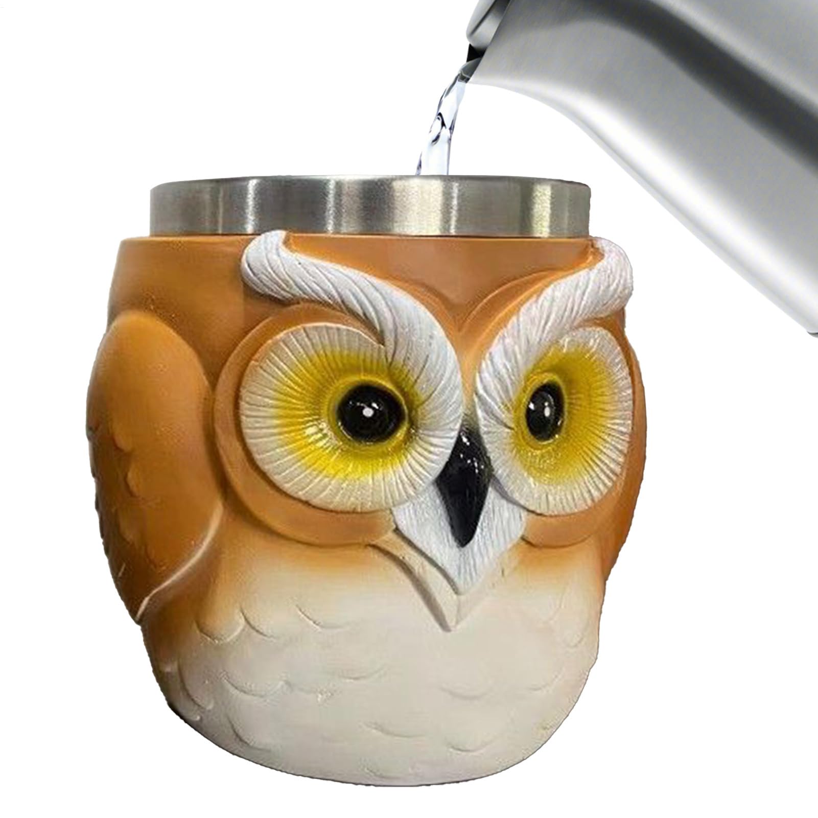 Taza de café con diseño de búho en resina 3D y termo de acero inoxidable para escritorio