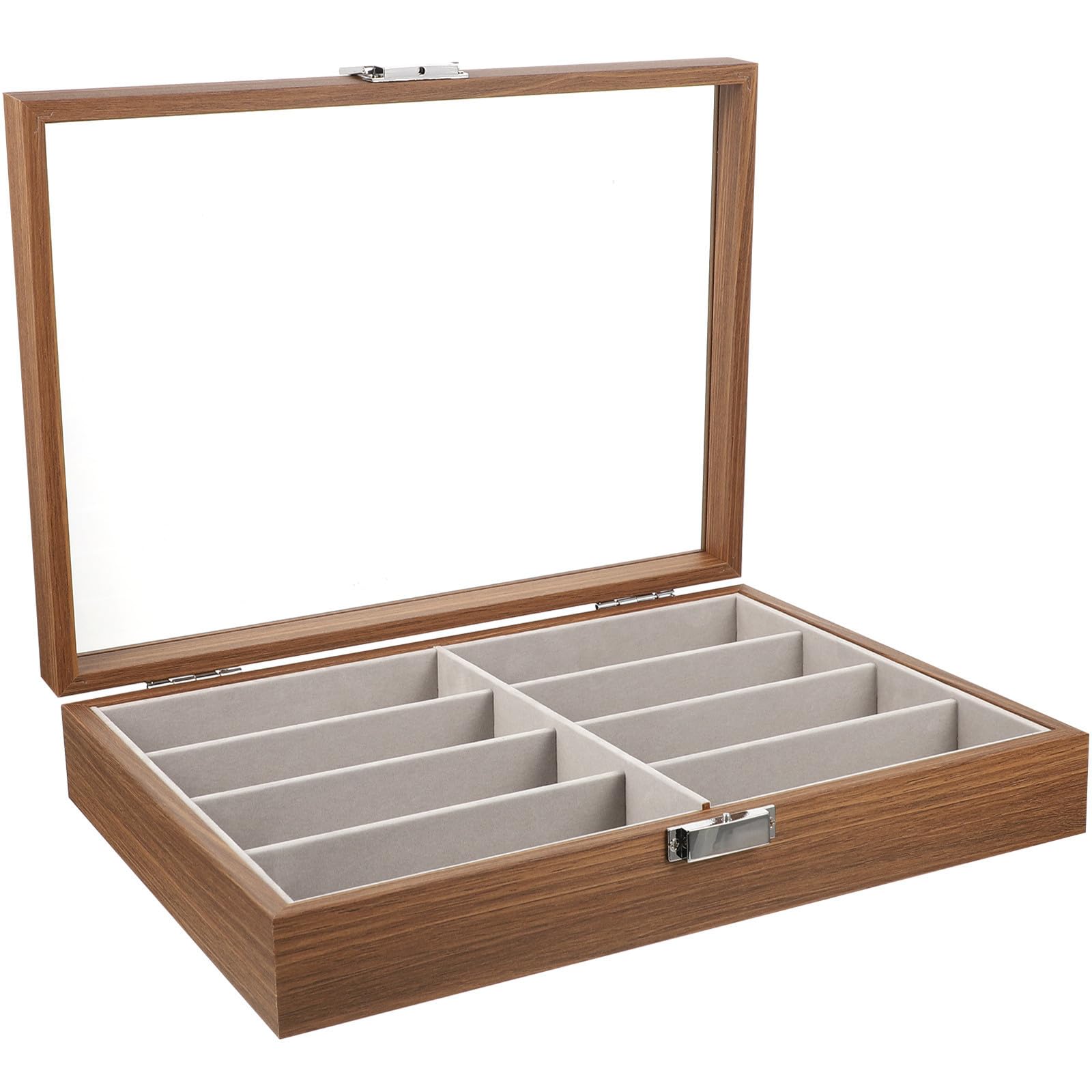Holz Brillenetui mit Transparentem Glasdeckel und 8 Fächern Tragbare Brillenbox mit Samt Innenfutter für Reise und Aufbewahrung Mehrerer Brillen