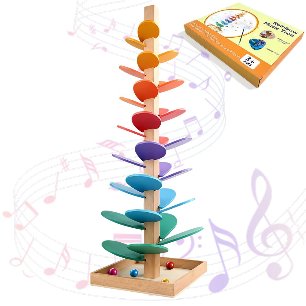 Music Tree Wooden Marble Run, 71cm Montessori Sound Tree, Colorful Rolling Ball Tower with 10 Balls, Rainbow Musical Tree for Gifts, 6 Colorful, for Bedroom School Family