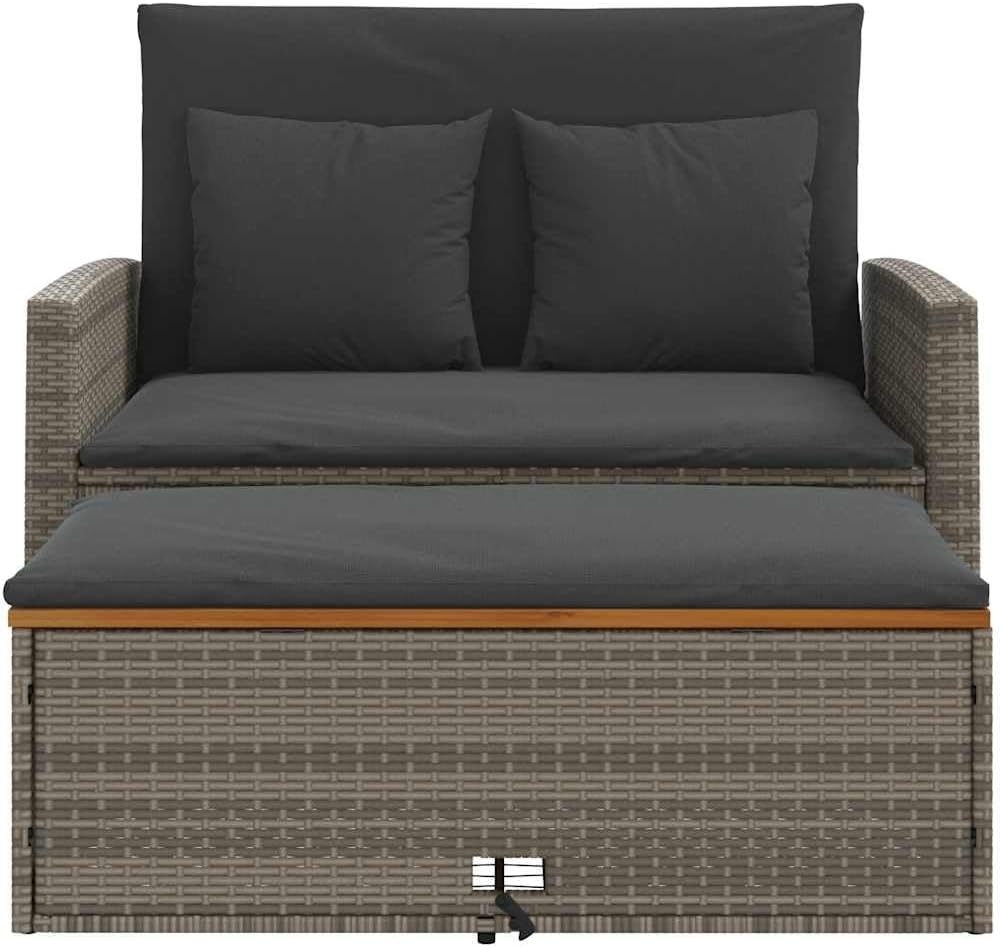 2-Person Outdoor Garden Sofa, PE Wicker Patio Loveseat with Acacia Wood Accents and Powder-Coated Steel Frame, Modern Grey Furniture for Backyard Terrace