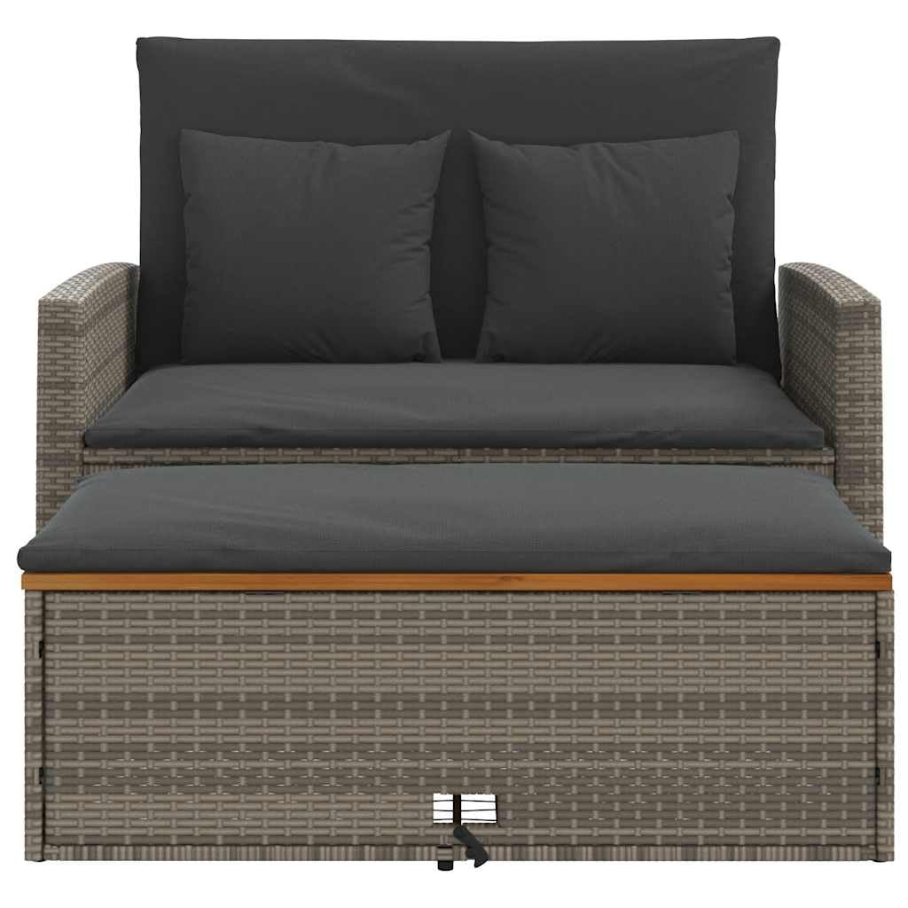 Sofá de jardín de 2 plazas gris de ratán sintético con madera de acacia y cojines, banco para exteriores con respaldo ajustable y taburete, cómodo sofá cama para terraza, fácil de limpiar