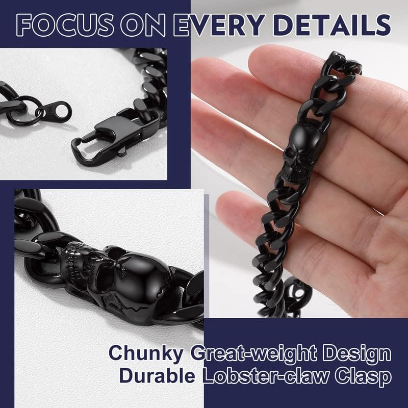 Bandmax Stainless Steel Skull Bracelet for Men Black Skull Charm Link Charm Bracelet Punk Biker Wirstband Bangles Masculine Jewelry