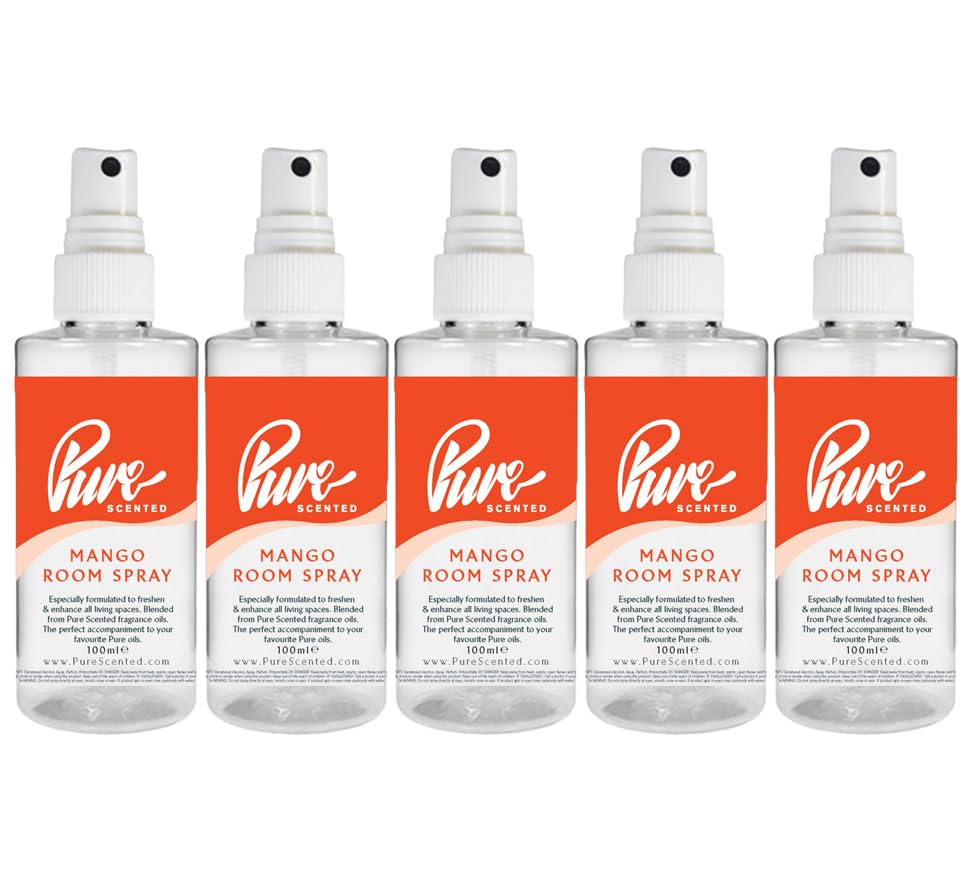 "Pure Scented 500ml Room & Fabric Sprays 5 x 100ml Suitable For Home, Car, Caravan, Work, Gym Bags, Odour Eliminators (5 x 100ml, Mango)"
