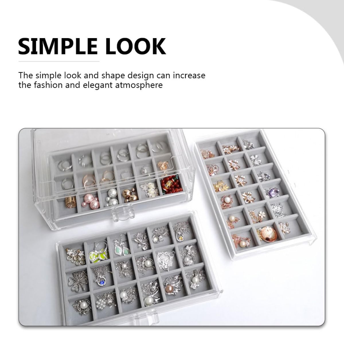 Organizador de Joyas de Acrílico Multicapa, Caja de Almacenamiento de Terciopelo Gris 3 Niveles y 54 Compartimentos, Contenedor Compacto para Collares, Pendientes y Anillos,