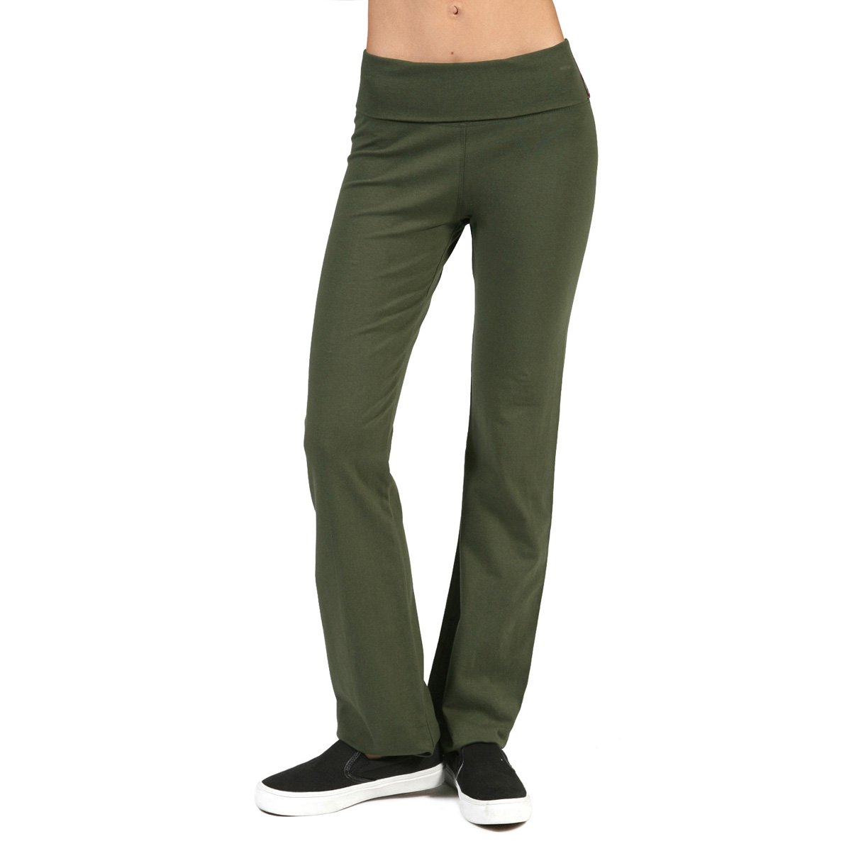 Active USA Regular Leg Stretch Cotton Fold Over Workout Yoga Pants, Small, Olive