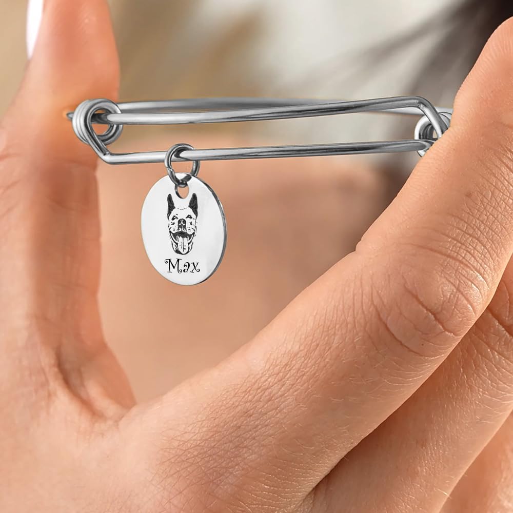 Pet Portrait Bracelet Personalized – Dog or Cat Face Multi Charm Bangle Bracelet with Photo Engraving, Memorial Jewelry, Dog Mom, Animal Lovers for Mother’s Day, Birthday, Christmas