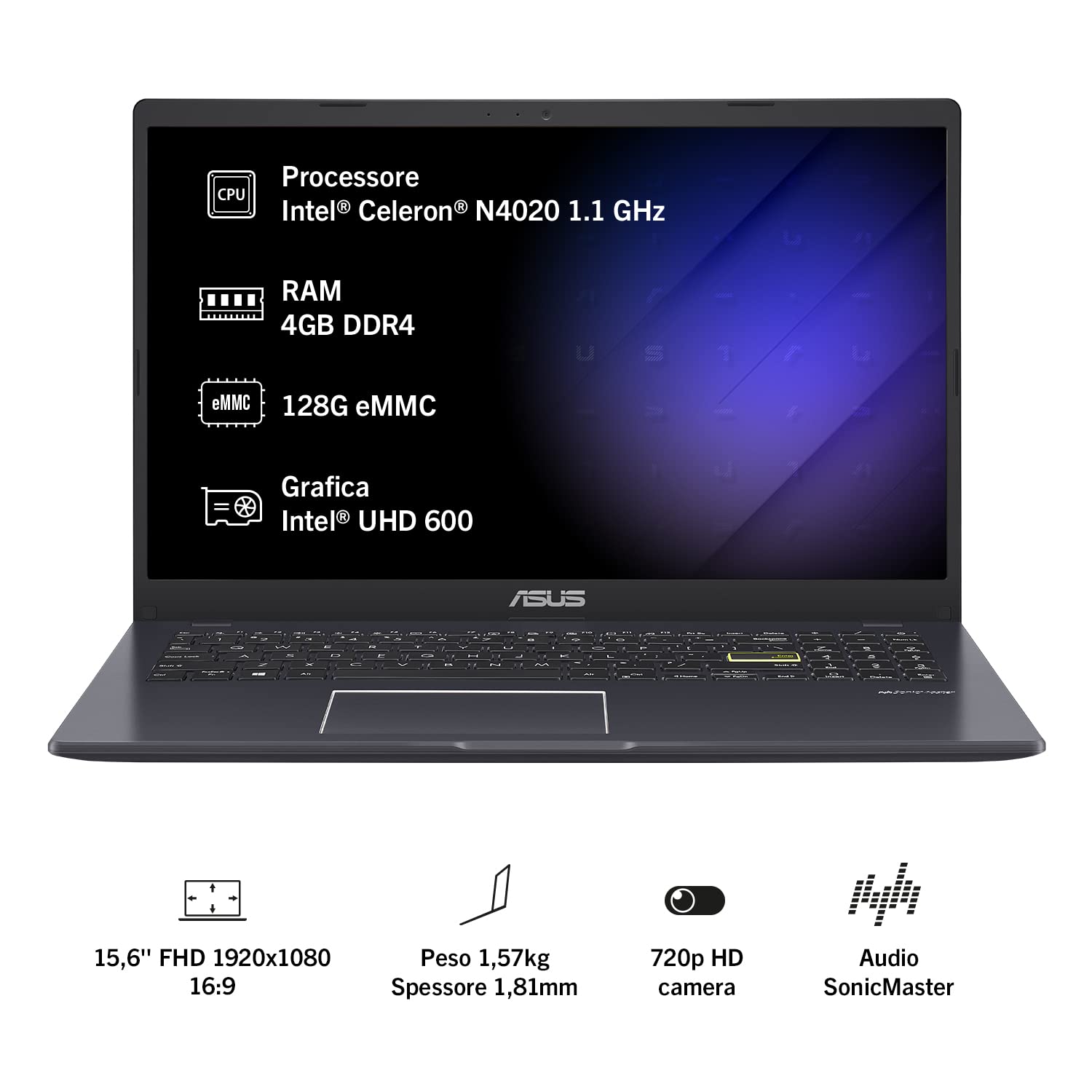 ASUS Vivobook Go E510MA#B0BSH3V1TZ, Notebook da 15,6" Anti-Glare, Intel Celeron N4020, RAM 4GB, 128GB eMMC, Intel UHD Graphics 600, Windows 11 Home S, Nero
