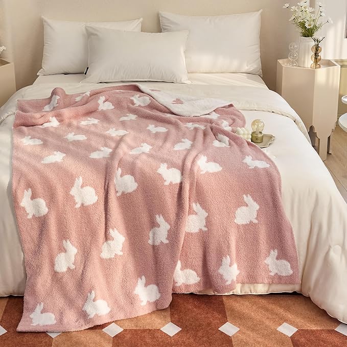 Image of Ultra Soft Cozy Happy Easter Rabbits Knitted Throw Blanket Fluffy Microfiber Checkerboard Bed Blanket Lightweight Both Sides Blanket for Couch Sofa Bed (Rabbit Pink, Throw 50 inchx60 inch)
