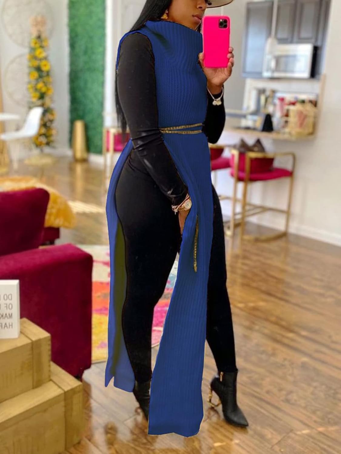 Famnbro Women's Sleeveless Turtleneck Sweater Sexy High Slit Long Maxi Dress Ribbed Knitted Top - Image 2