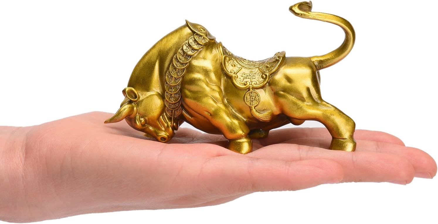 BRABUD Feng Shui Brass Bull Statue OX Ornament Figurine Head Down Attract Wealth Lucky 2.4in (H) Home Desk Office Decor Ornament TQGJBS68