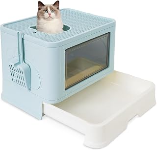 Foldable Cat Litter Box with Lid Front Entry&Top Exit,Cat Litter Bag Storage&Fur Brush Design Drawer Type Cat Litter Box Including Cat Litter Scoop,Easy Clean, Large Capacity(Blue1)