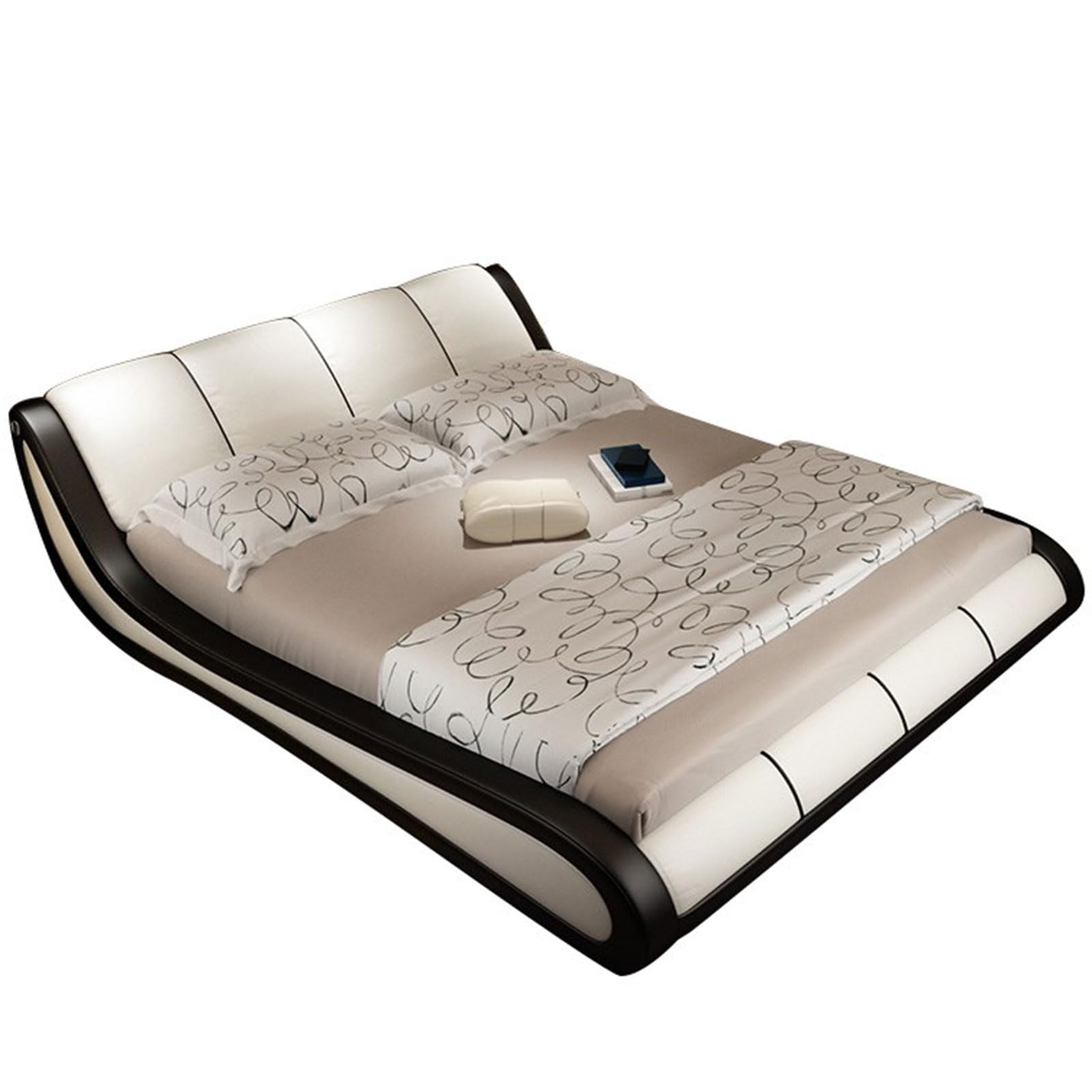 Modern Luxury King Size Genuine Leather Bed Set Upholstered Platform Bed Frame Wooden Slats and Metal Frame Support