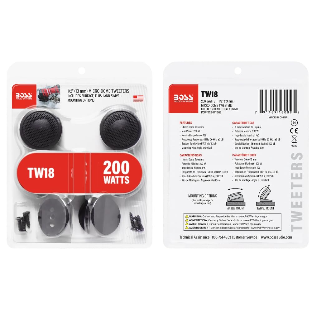Kit Set para Boss Audio Systems TW18 TW 18, 2 tweeters de 3,7 cm, 37 mm de diámetro, 100 vatios rms 200 vatios máx., 4 ohmios, 1,2 cm de Profundidad, para Coches, en Pares