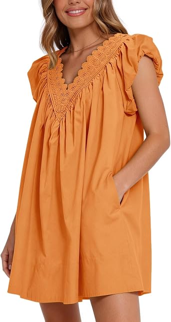 Senllen Cotton Summer Dresses for Women 2026 A Line Puff Short Sleeve V Neck Casual Babydoll Boho Beach Mini Pleated Dress