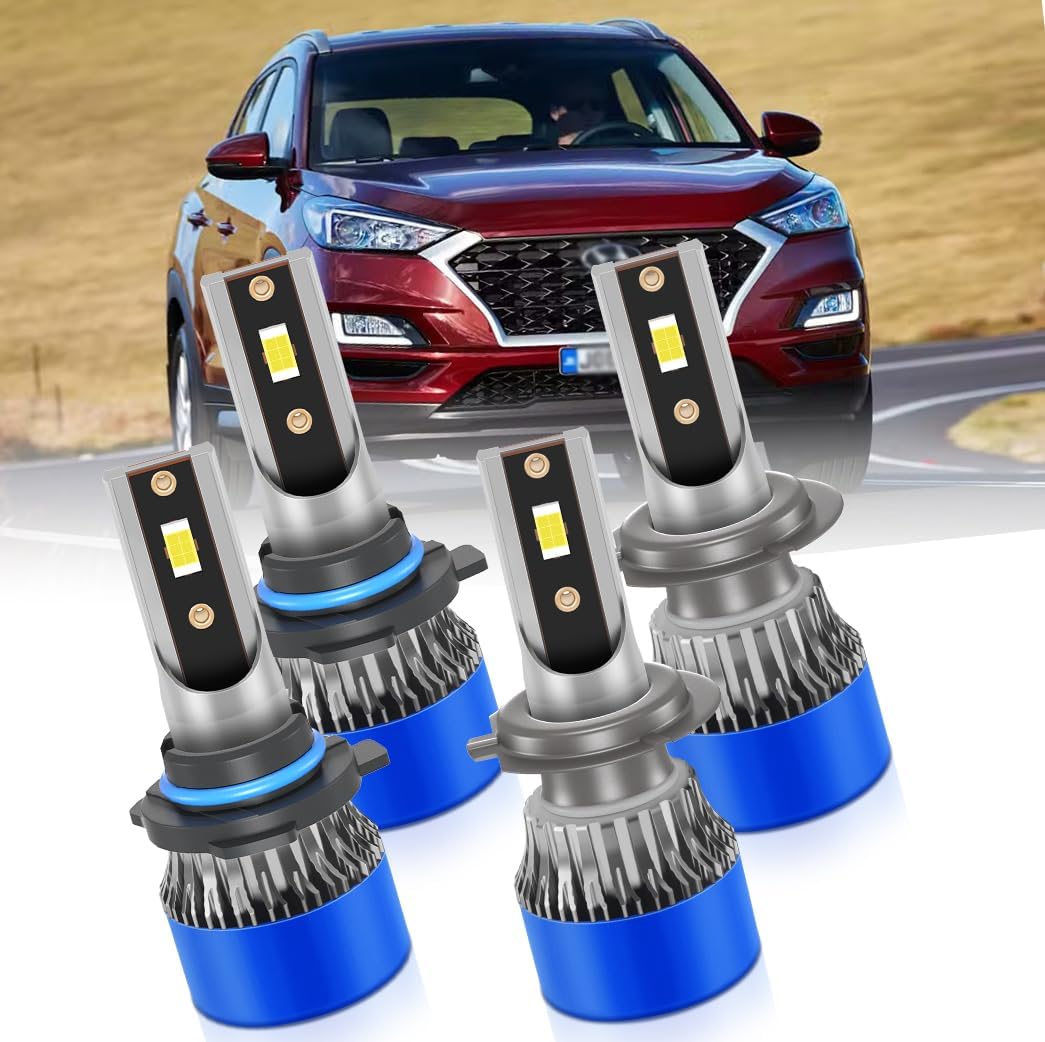 LED Headlight Bulbs for HYUNDAI Tucson 2019-2021, 9005 High Beam and H7 Low Beam, 6500K White, 400% Brightness, 3570 Chips with Cooling Fan, 4-Pack