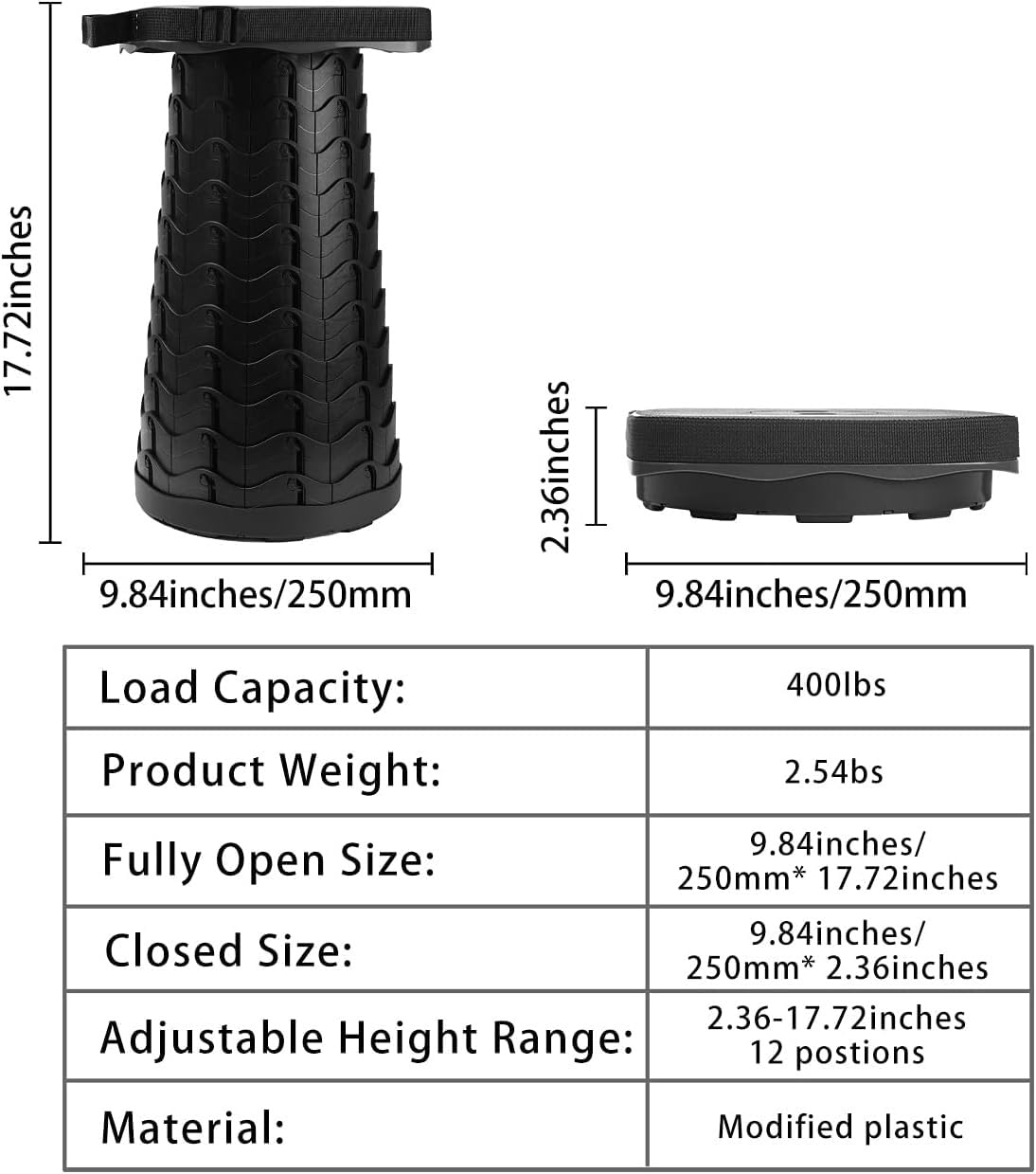 Tragbarer Klapphocker, Mini Teleskophocker Faltbar Campinghocker für Outdoor Camping Reisen Picknick Garten Grillen Fischen Wandern, Belastung 400 lb
