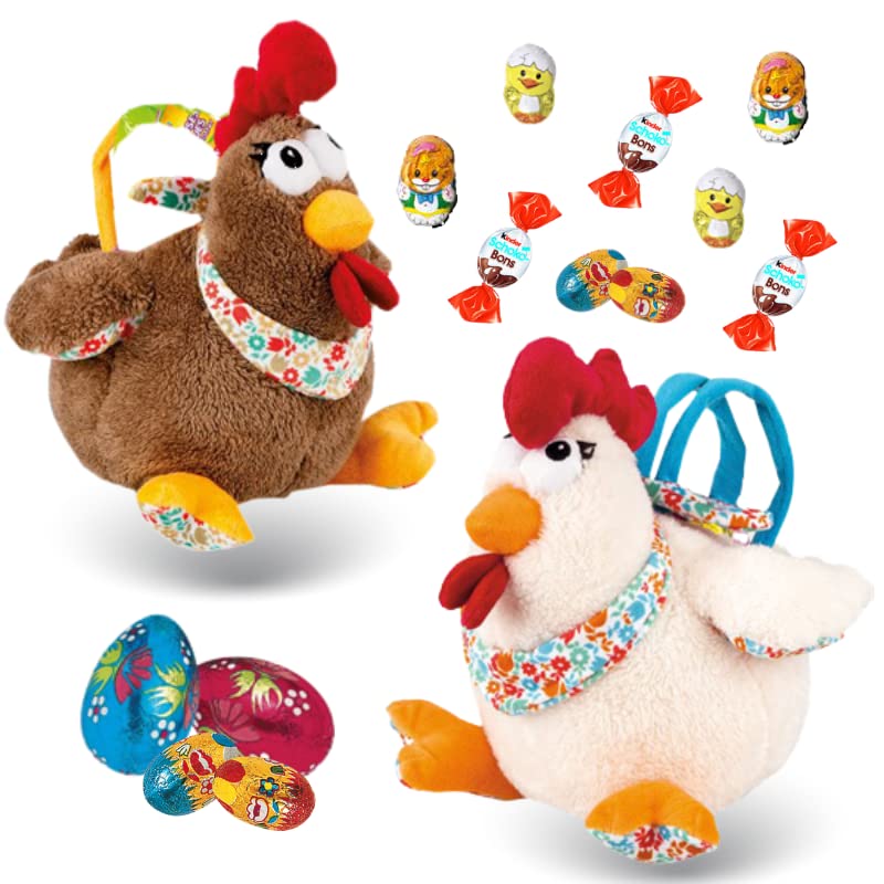 2 sacs peluches poules garnis de 20 chocolats : Kinder Schokobons,oeufs et moulages de Pâques