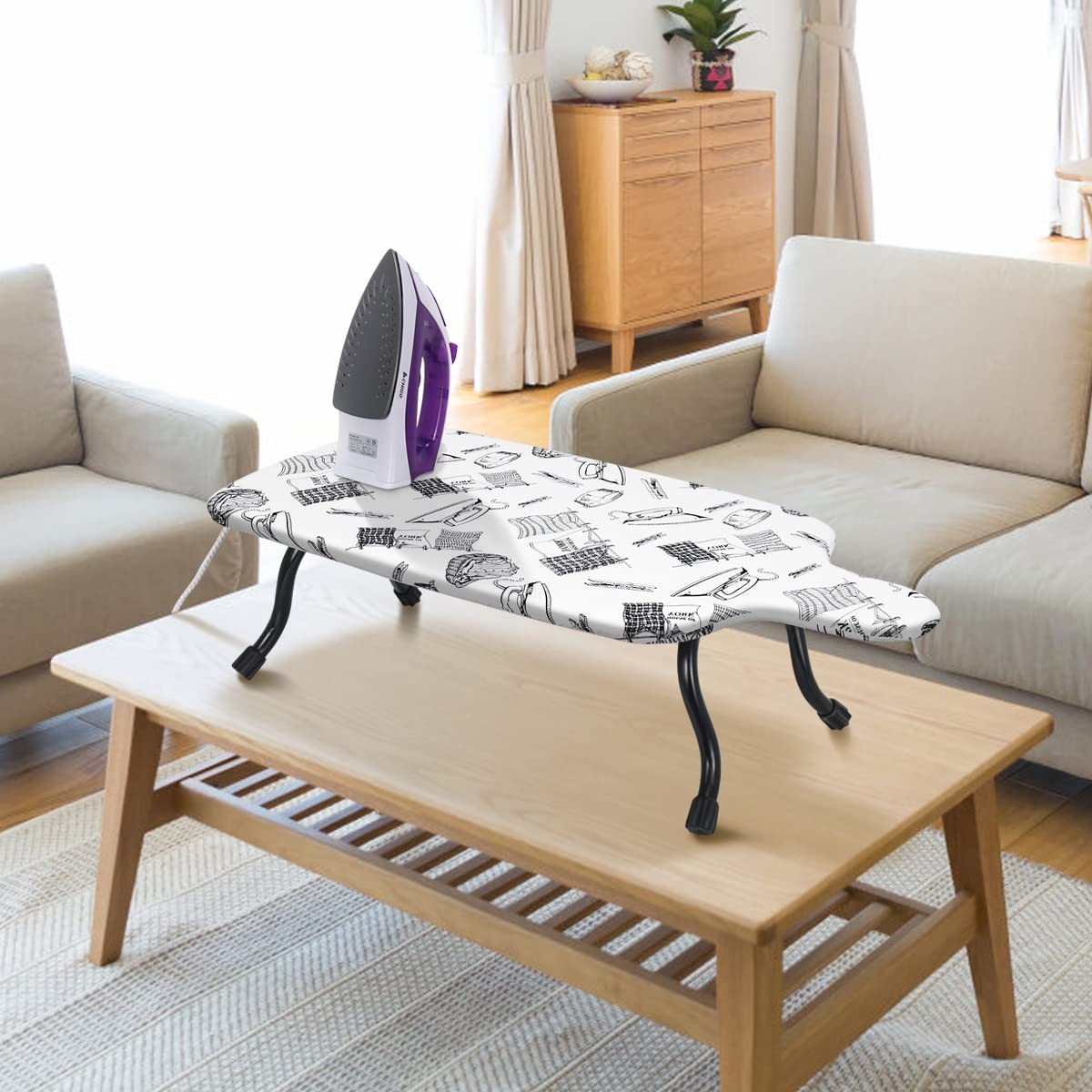 Duwee Table à Repasser,Petite Planche à Repasser avec Housse 100% Coton,Pieds Pliants et Compact,Idéal pour Voyage, Caravanes et Appartements,77×40cm