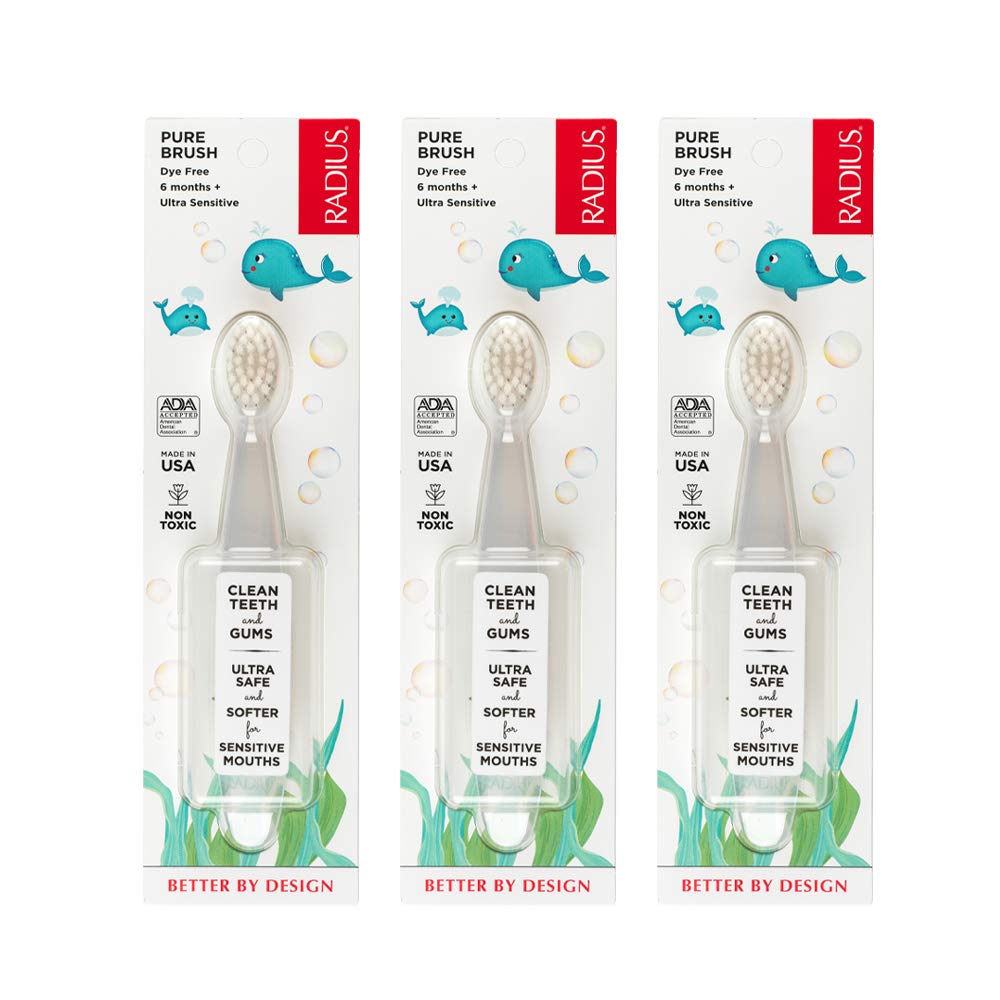 RADIUS Children’s Toothbrush, Pure Brush, Ultra Soft Bristles, Clear, BPA Free & ADA Accepted, Designed for Delicate Teeth & Gums for Children 6 Months & Up, Pack of 3