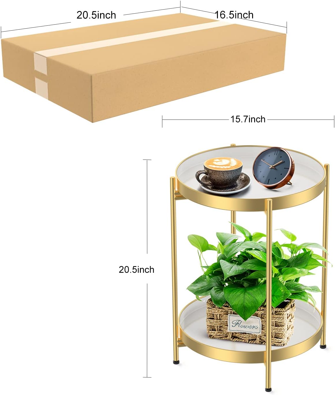 Round Side Table 2-Tier Gold Sofa Table Small Tray Metal End Table,Foldable Accent Coffee Table for Small Spaces,Bedroom,Patio
