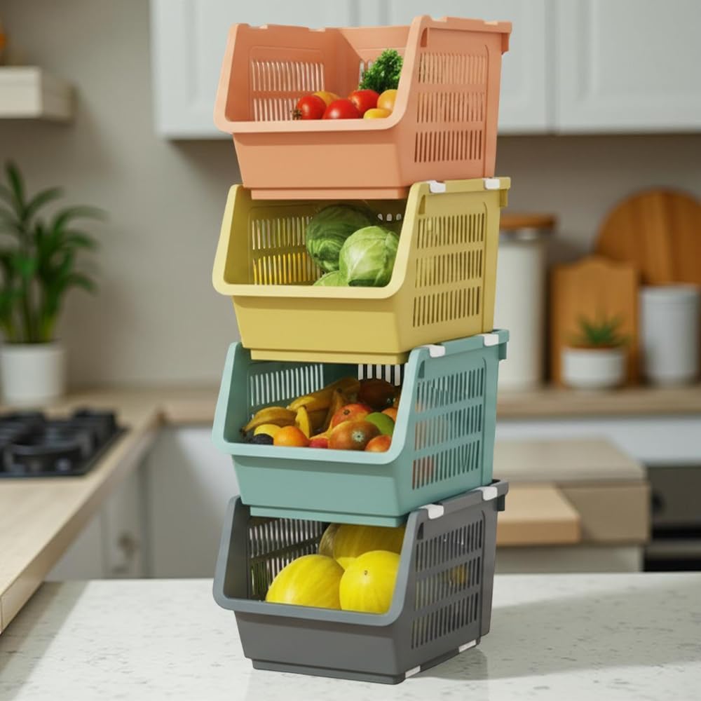 STAR WORK Multipurpose Stackable Organizer Baskets – Ventilated Open-Front Plastic Storage Bins for Vegetables, Fruits, Groceries & Home Use (Colour May Vary) (PACK OF 2)