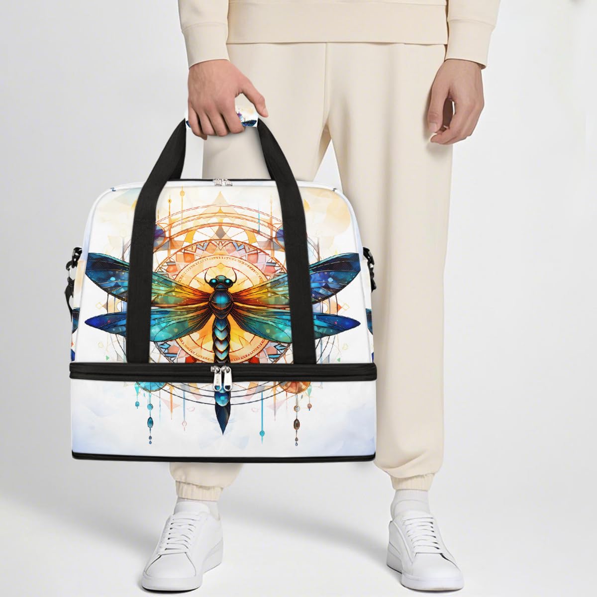 Borsone da viaggio pieghevole con motivo mandala psichedelico, borsa da palestra espandibile con scomparto per scarpe, grande capacità, borsa da weekender, borsa da viaggio, sport, viaggi notturni