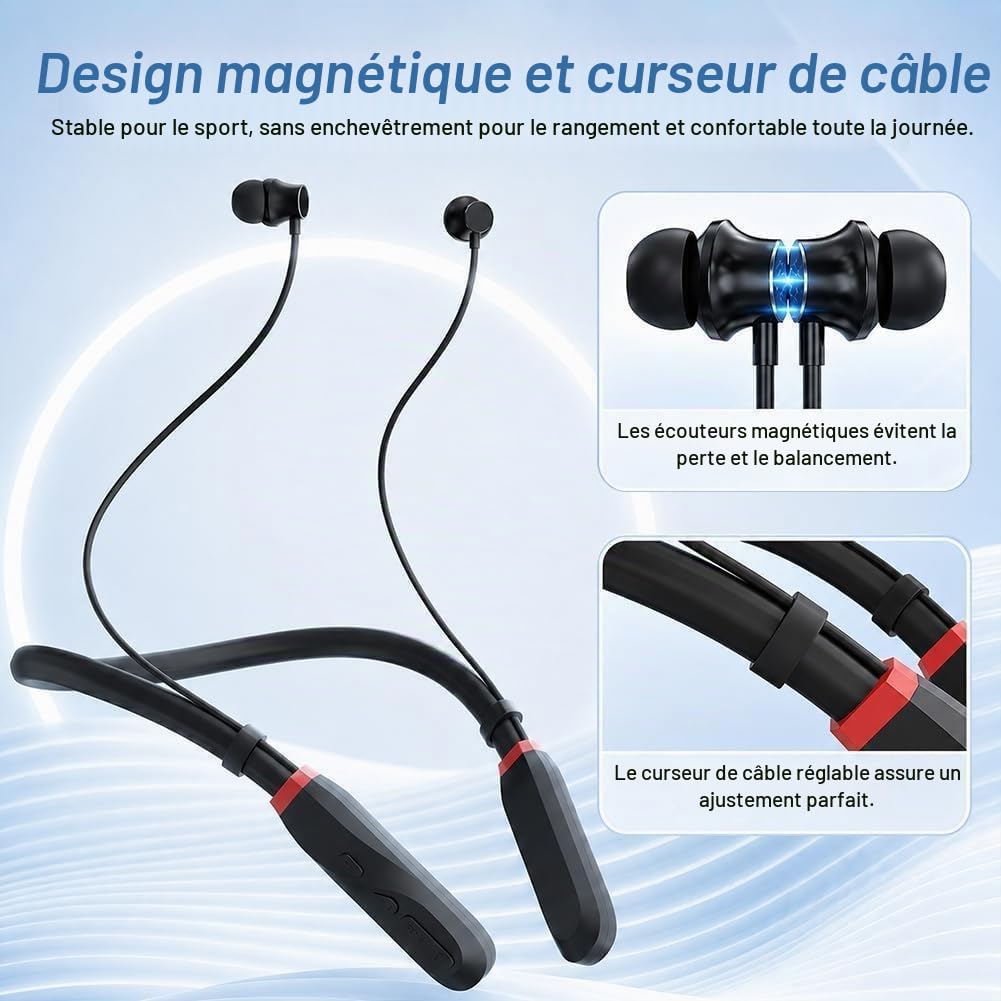 Écouteurs Bluetooth Sport À Tour De Cou avec Câble 200H de Lecture, Casque Bluetooth sans Fil, Écouteurs Intra-Auriculaires Bluetooth IPX4, Écouteurs Magnétiques pour Fitness Course Bureau, Noir
