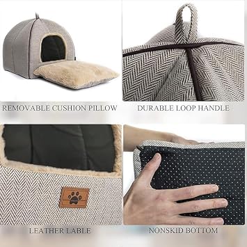 Cat Bed for Indoor Cats - Cat Cave Bed Cat House Cat Tent with Removable Washable Cushioned Pillow, Soft and Self Warming Kitten beds