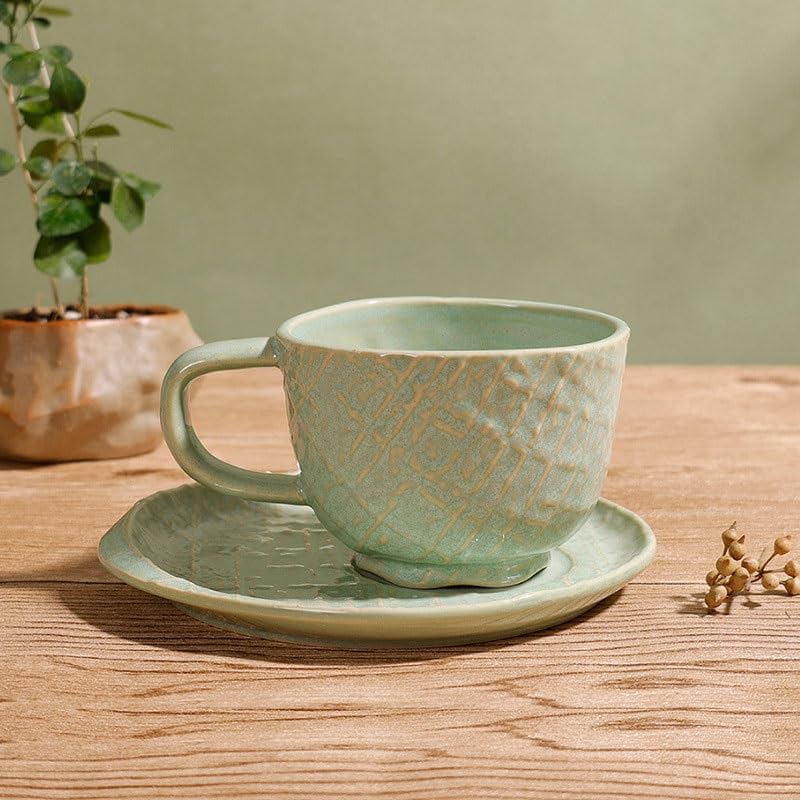 Porcelanowy kubek do kawy ze spodkiem, Tłoczony ceramiczny zestaw filiżanek do kawy i spodków Podwieczorek restauracja Zielony 15,4 x 7, cm