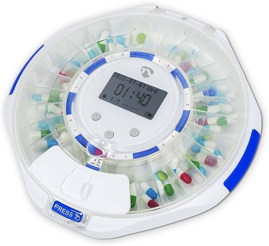 EDOSO Distributore di pillole elettronico intelligente con allarme | Modello 2021 | 9 allarmi al giorno | Grande display e pulsanti | Anelli italiani | 2 chiusure sicure (Opaco