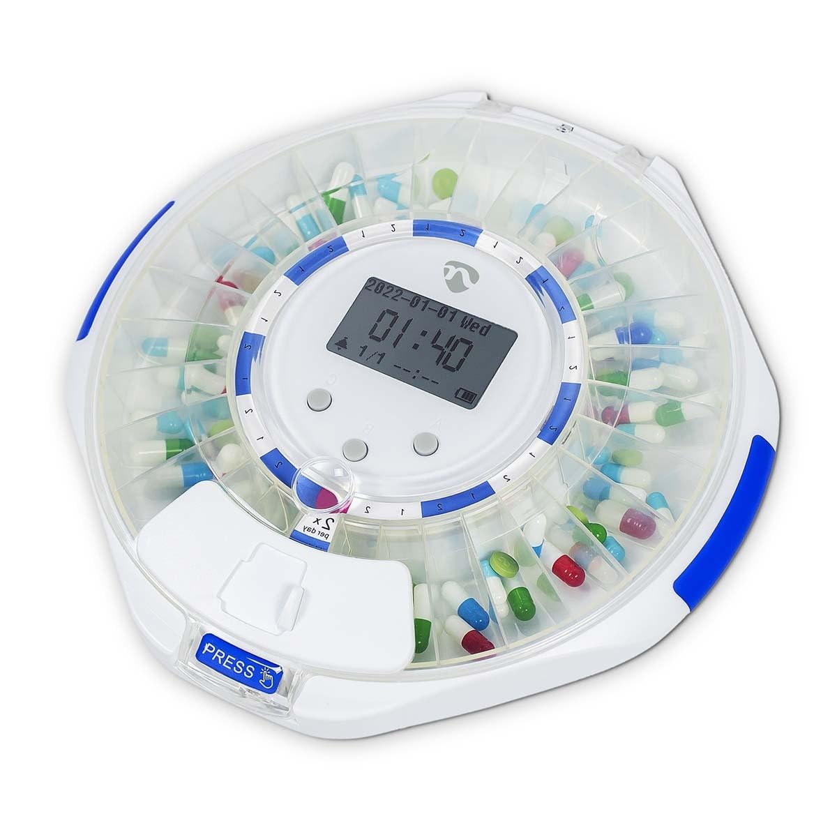 Nedis Distributeur de comprimés intelligent - Wi-​Fi - 28 compartiments - Nombre d'alarmes : 9 alarmes par jour - Lumière/​bip/​voix - Affichage LCD - Blanc