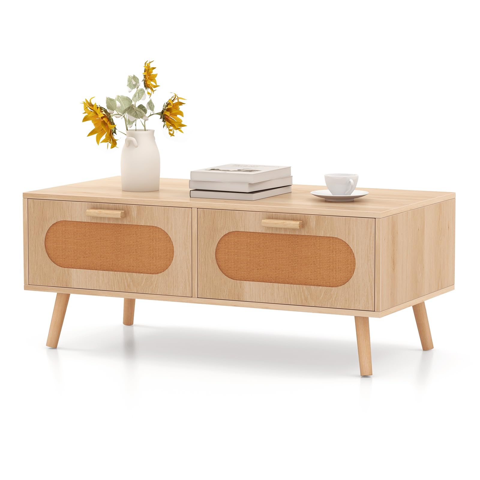 LIFEZEAL Mesa de Centro con 2 cajones y 1 Compartimento Grande, Mesa de salón con 4 Patas de Madera Maciza, Capacidad de Carga 60 KG, 100 x 50 x 41 CM, Natural, Estilo rústico