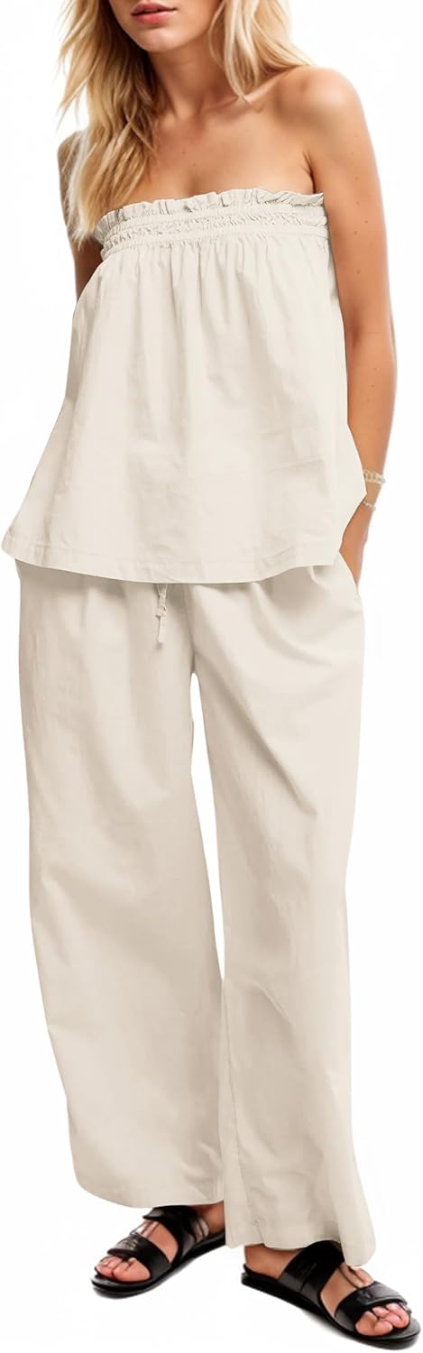 Women Summer Outfits 2 Piece Set Strapless Tube Top and Wide Leg Pants lounge Set Relaxed Off Shoulder Top Pants Set