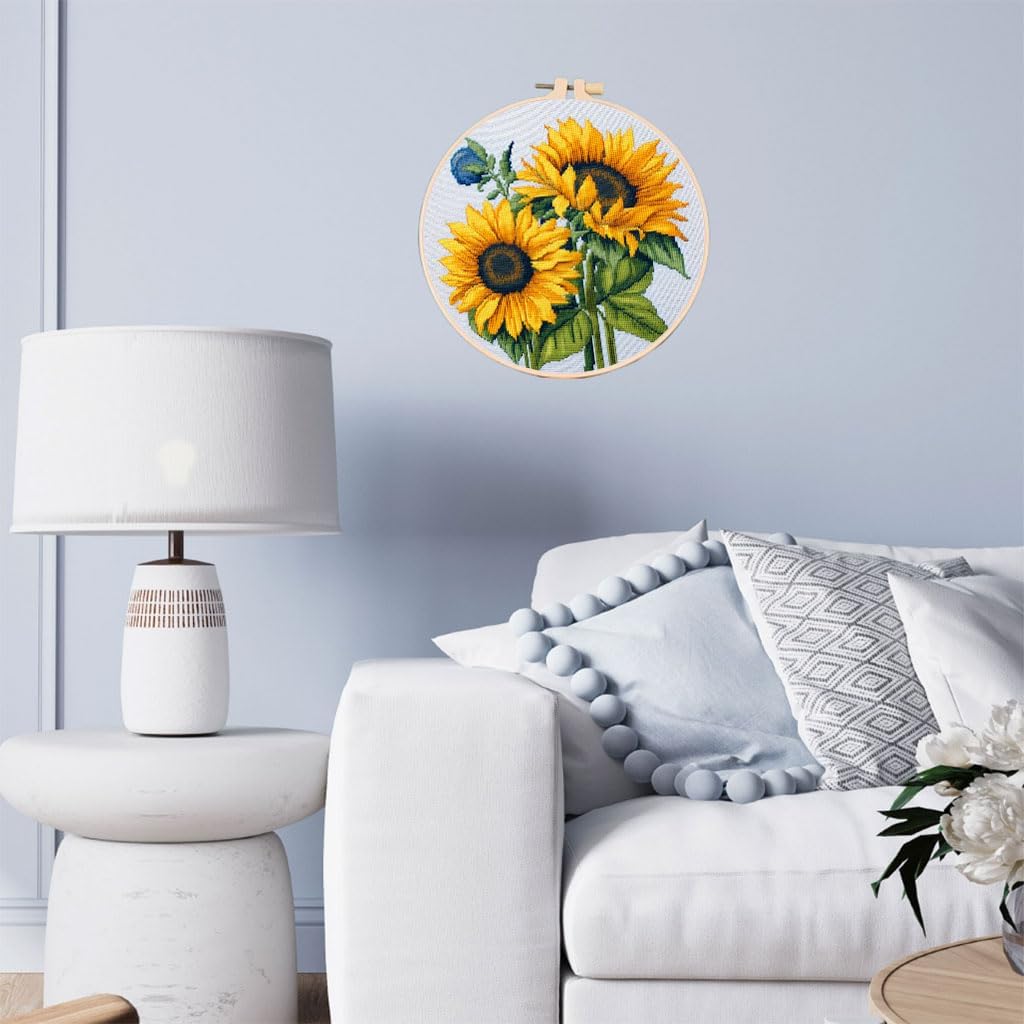 DIY Cross Stitch Kits Sunflowers Easy for Beginners with Hoop 11CT Needlepoint Embroidery Counted Stamped Cross Stitch Set Craft Wall Decor 20x20cm(1)