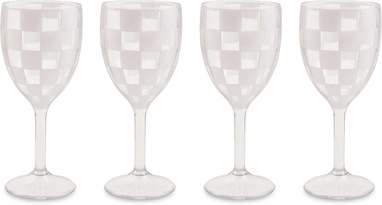 MACKENZIE-CHILDS Set of 4 Acrylic Wine Goblets, Stemmed Drinking Glasses, Decorative Glassware, 12 Ounces, Black Check