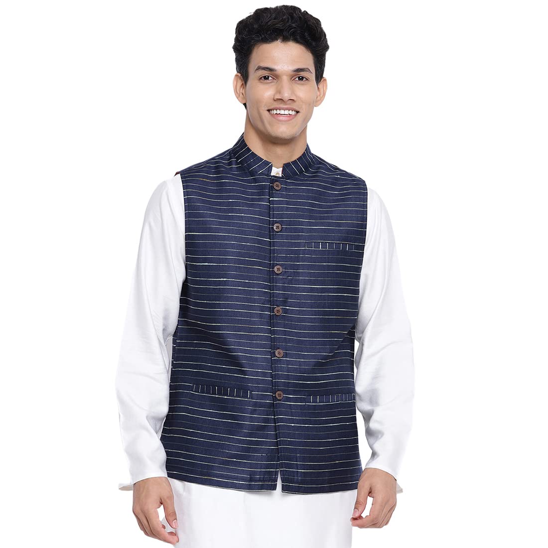fabindia Men Viscose Blend Striped Nehru Jacket Navy_XS-picture-39