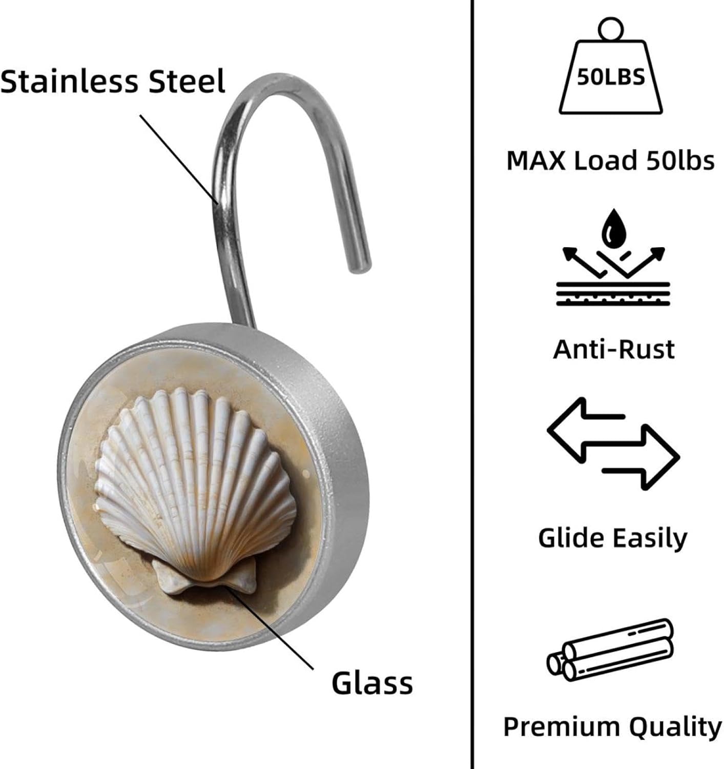 12PCS_Shell Sand Shower Curtain Hooks Metal Rust Resistant Decorative Shower Curtain Hooks Bathroom Decorations