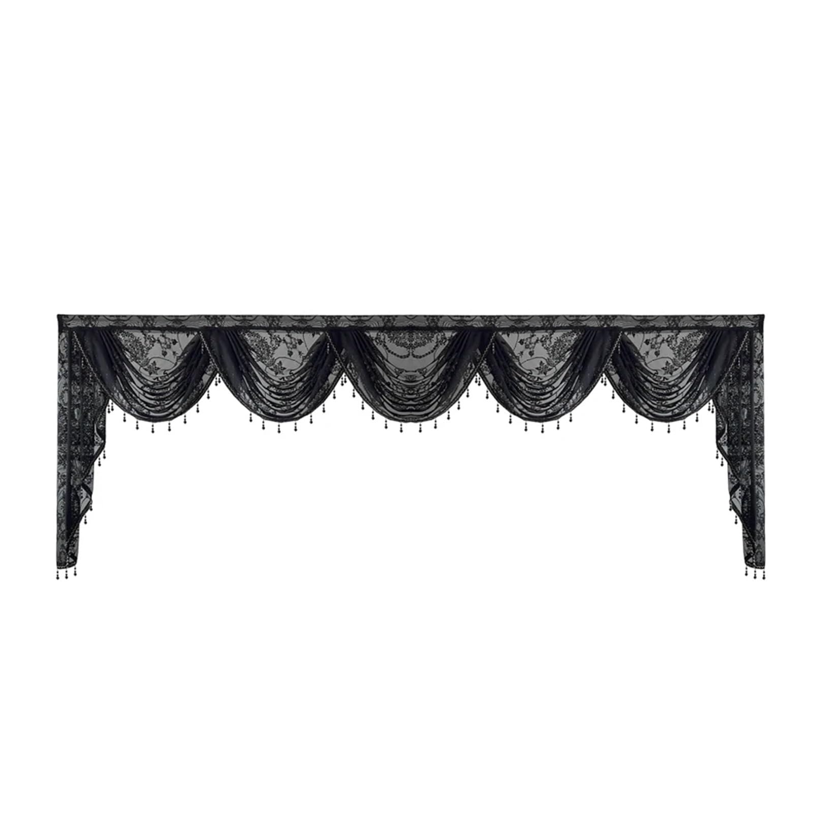 ZHOUXYFDC Swag Valance For Windows Black Lace Sheer Flower Valance Curtain Beaded Wavy Waterfall Scallop For Living Room Rod Pocket Top Window Drape(1PC W300cm-5swags)
