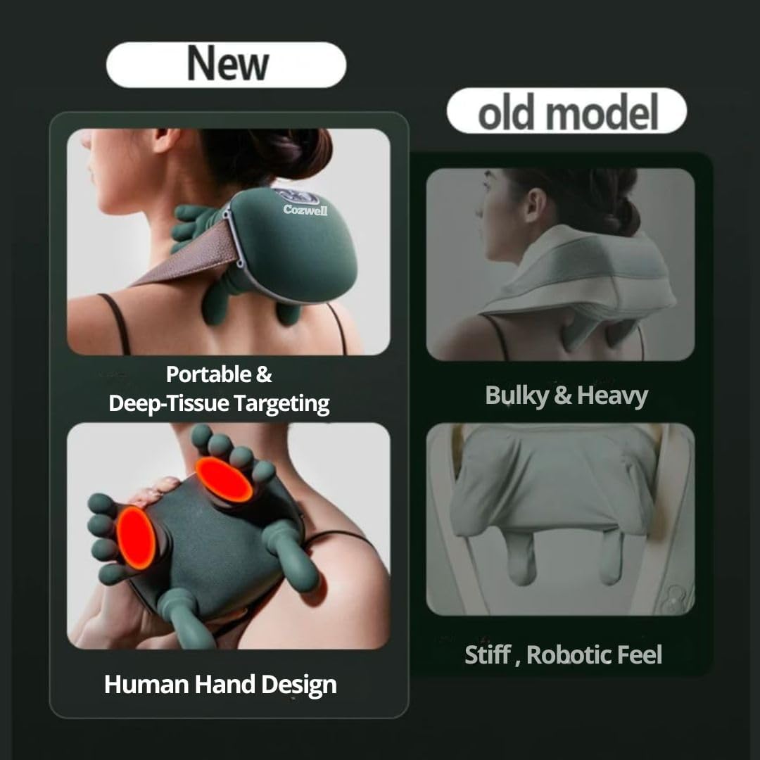 4D Wireless Neck Shoulder Massager - Upgraded 5 Mode-Massage System, Extended Battery, BPA-Free, Vegan Leather Strap - Deep Tissue Massage- Portable Shiatsu Massager - Dual Heat