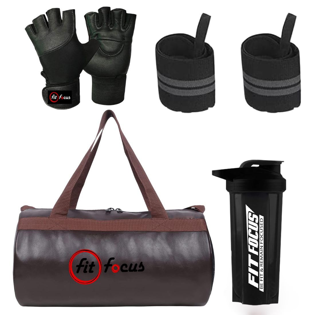 fit focus (Pack of 4) Combo Set of PU Leather Duffle Gym Bag with Gloves, Wrist Band & 700ml Shaker Bottle – Premium Brown Gym Kit for Men & Women | Stylish & Durable Fitness Combo-picture-35