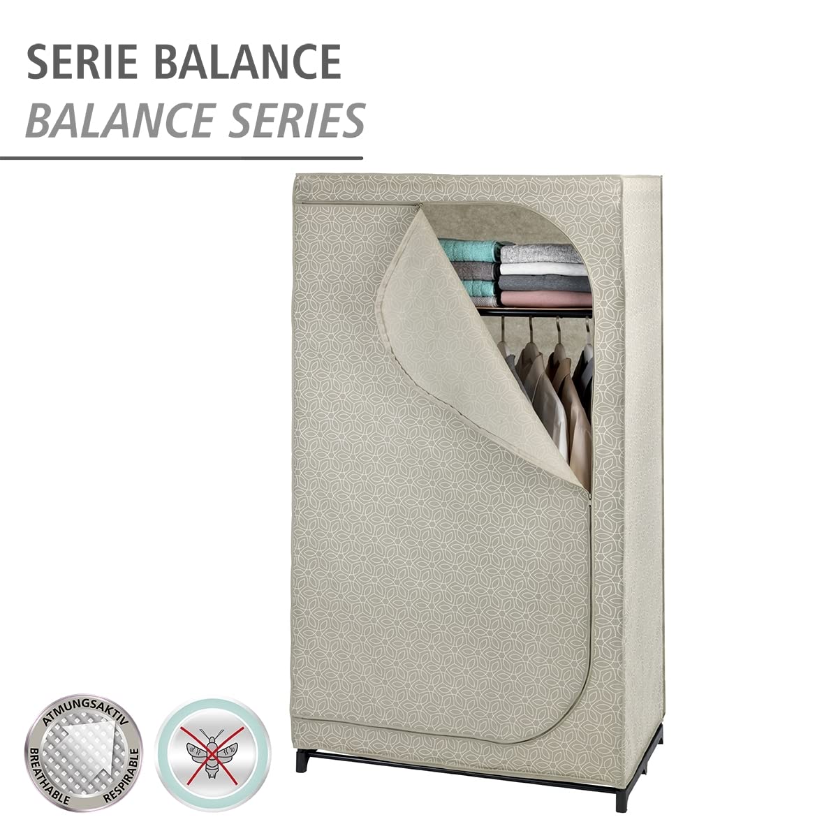 WENKO Kleiderschrank Mod. Balance mit Ablage und Kleiderstange, Stoffschrank zur staubfreien Aufbewahrung von Textilien, Metallgestell, atmungsaktives Vlies-Material, 90x160x50 cm, Taupe